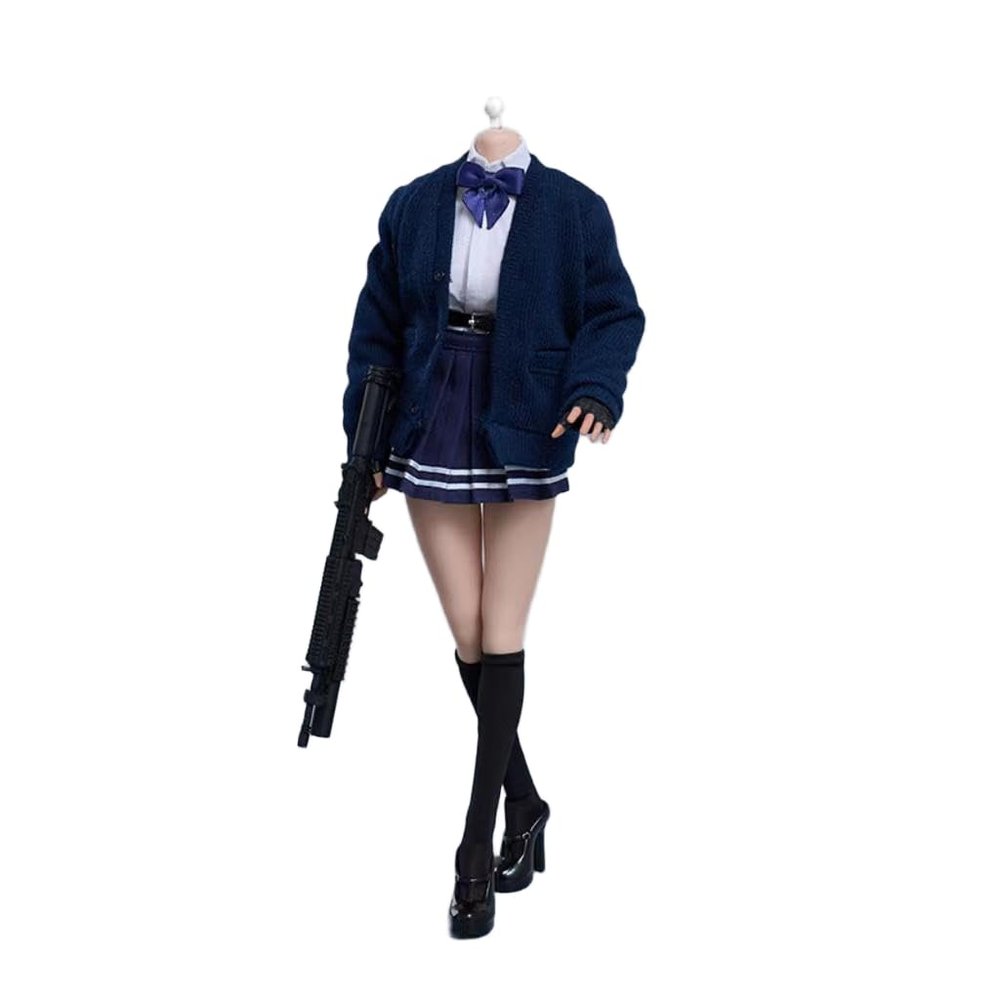 Fremego 1/6 Scale Female Clothes,Student Uniform Knitted Coat Shirt Pleated Skirt Socks Shoes Outfit Clothing for 12inch PH TBL JO Female Action Figure Body (Black)