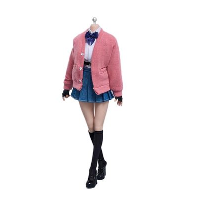Fremego 1/6 Scale Female Clothes,Student Uniform Knitted Coat Shirt Pleated Skirt Socks Shoes Outfit Clothing for 12inch PH TBL JO Female Action Figure Body (Pink)