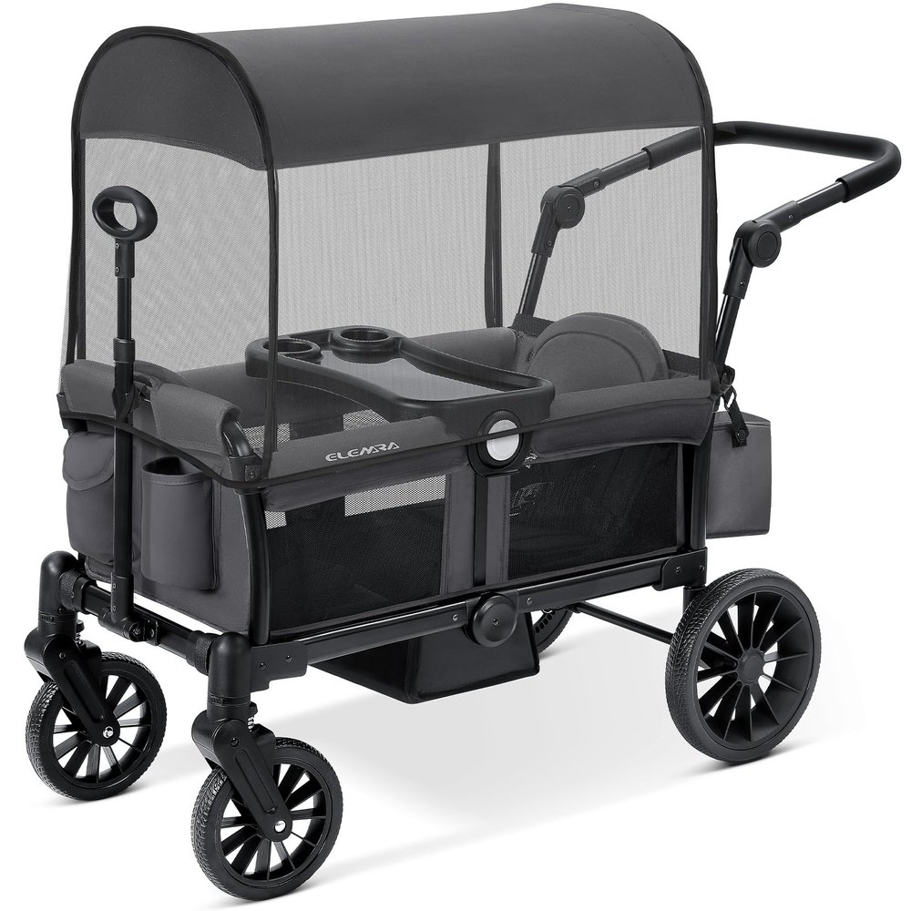 ELEMARA Foldable Wagon Stroller, Stroller Wagon for 2 Kids, Premium All Terrain Wagon for Kids with Removable Canopy, Adjustable Push/Pull Handle, Harnesses, Large Storage Bag, Gray