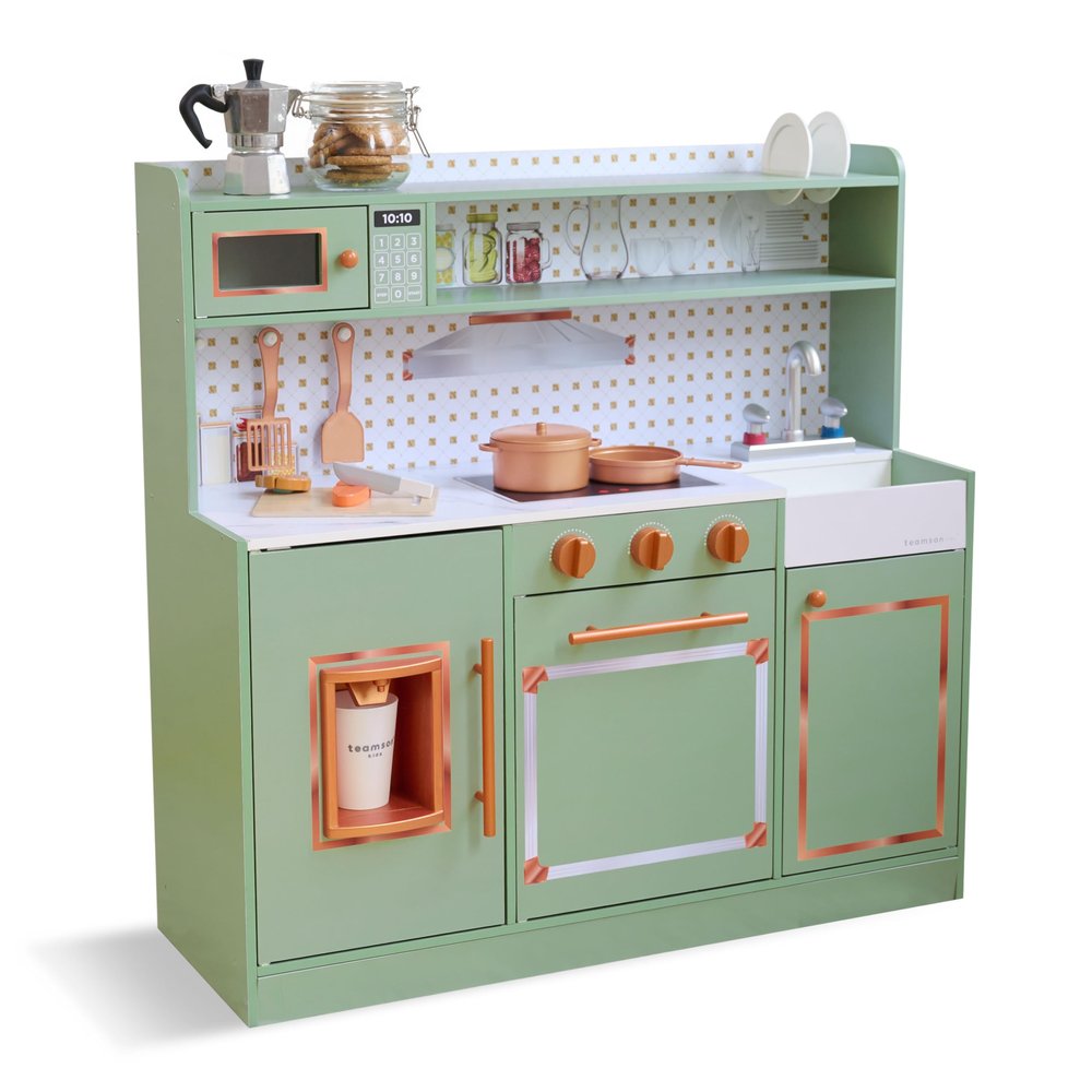 Teamson Kids Little Chef St. Louis Retro Wooden Play Kitchen for Toddlers, Green Pretend Kitchen Set with Ice Maker, Backsplash & 15 Accessories, Toy for Kids Ages 3+