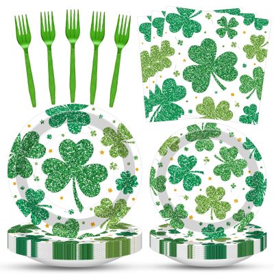 100 Pcs St. Patricks Day Shamrock Tableware Party Supplies Set, Serves 25  Disposable Green Clover Paper Plates, Napkins, and Forks for Irish Celebration, Lucky Party, or Spring Festival Decorations
