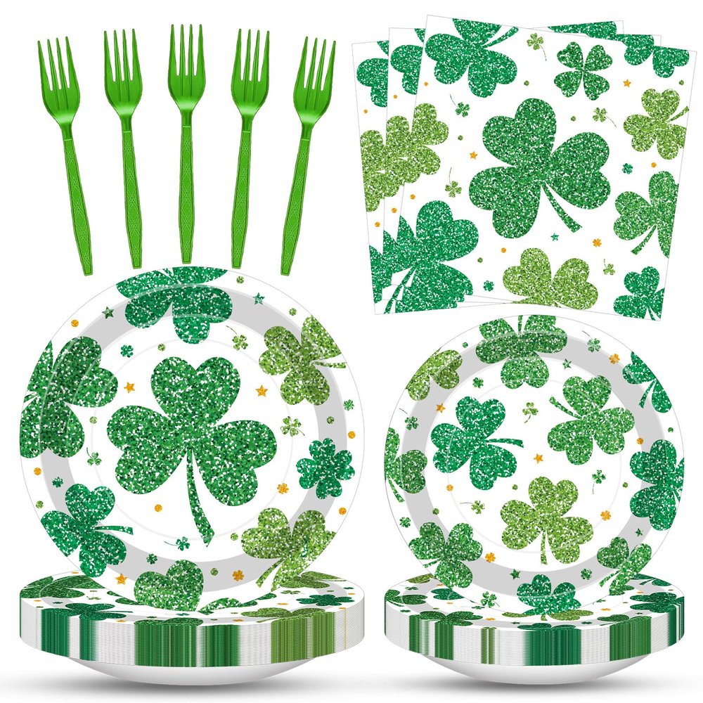 100 Pcs St. Patricks Day Shamrock Tableware Party Supplies Set, Serves 25  Disposable Green Clover Paper Plates, Napkins, and Forks for Irish Celebration, Lucky Party, or Spring Festival Decorations