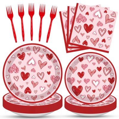 100 Pcs Valentines Day Heart Tableware Party Supplies Set, Serves 25  Disposable Pink & Red Heart Paper Plates, Napkins, and Forks for Romantic Dinner, Bridal Shower, Love-Themed Party Decorations