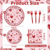 100 Pcs Valentines Day Heart Tableware Party Supplies Set, Serves 25  Disposable Pink & Red Heart Paper Plates, Napkins, and Forks for Romantic Dinner, Bridal Shower, Love-Themed Party Decorations view 2
