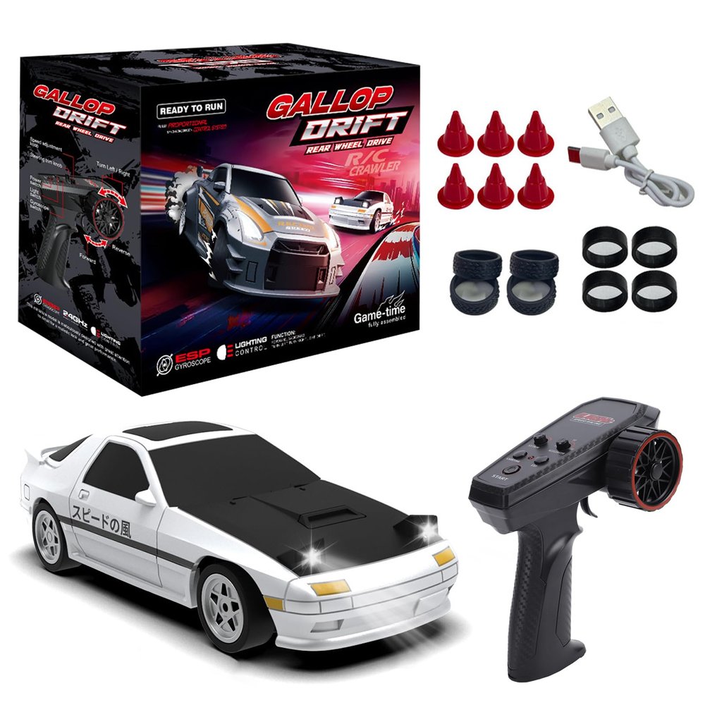 Authticar 1:60 Scale Mini RC Drift Car, 2.4GHz 4WD AE86 Desktop RC Drift Car with Gyro, Interchangeable Tires, LED Lights, Full Proportional ControlRacing Sport Toy for Adults Teens(White)