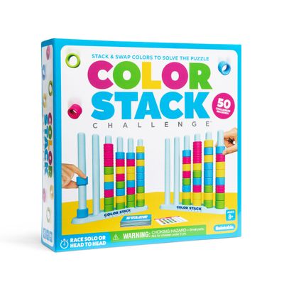 Color Stack Challenge by Relatable  A Fast-Paced Color Matching Puzzle Game for Fun Parties and Family Game Night. Includes 2 Stack Racks, 50 Challenge Cards, 80 Rings & Instructions.