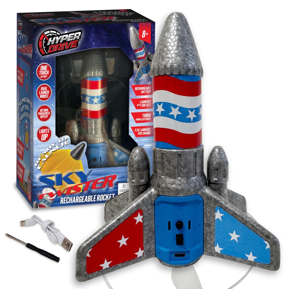 FAWAJON Hyper Drive - SkyTwister Rocket  Rechargeable Electric Launch Rocket with Parachute Deploy  Flies Up to 200 Feet  Safe Toy for Kids Ages 8+  Fully Self-Contained Launch Kit