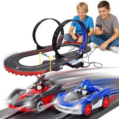 NKOK Sonic Racing: CrossWorlds Slot Car Race Track Set with Super Loop, Sonic & Shadow 3.5 Cars, Turbo Boost Hand Controllers, Lap Counters, Light-Up Headlights, Approx. 18 ft Track
