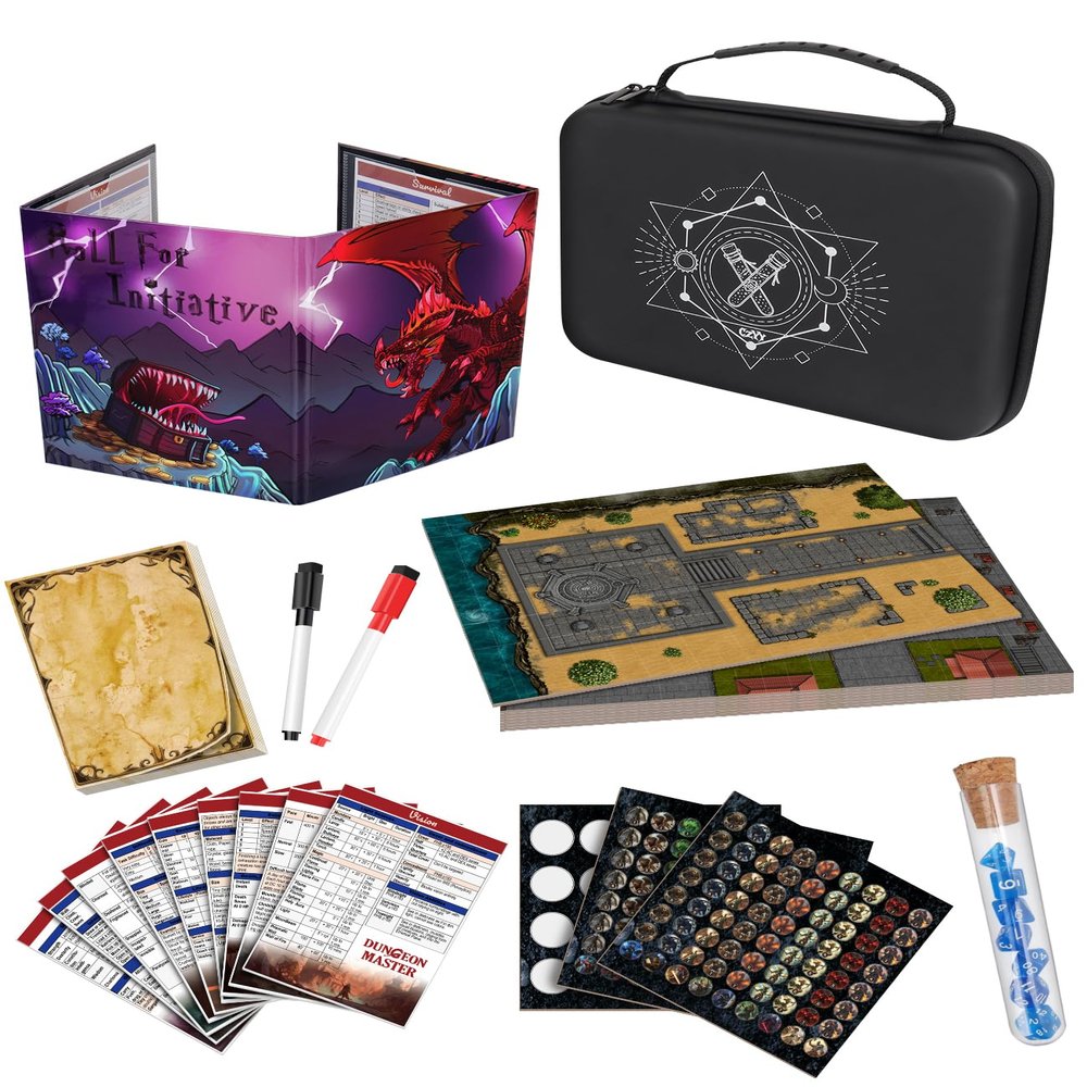 CZYY All-in-One Mini Tabletop RPG Adventure Kit  Compact & Tidy DND Starter Set with DM Screen, Maps, Tokens, Dice & Storage Case | Ideal Gift for DMS, Beginners & Travel RPG Players