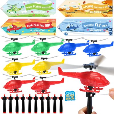28 Pack Valentines Day Cards for Kids School with Flying Airplanes Set, Valentines Party Favors for Kids, Helicopter Launcher Toy, Valentines Day Gifts for School Classroom Exchange Prizes Boys Girls