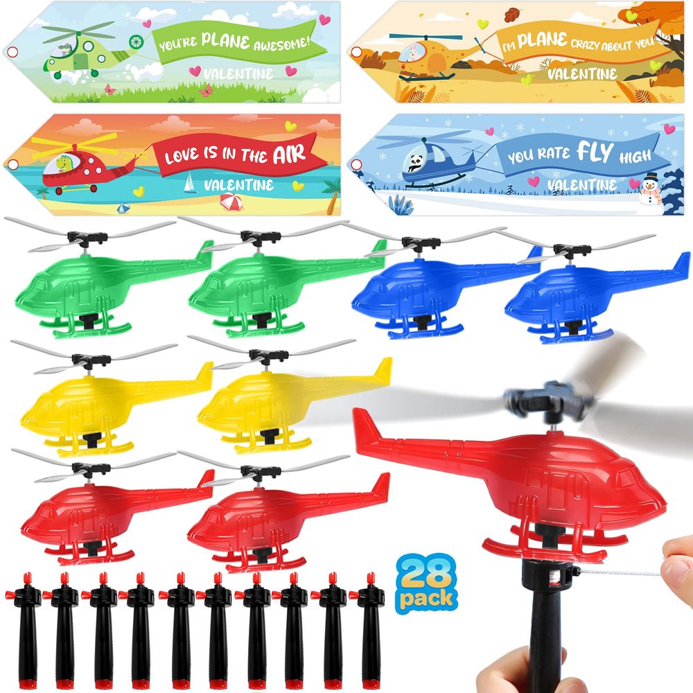 28 Pack Valentines Day Cards for Kids School with Flying Airplanes Set, Valentines Party Favors for Kids, Helicopter Launcher Toy, Valentines Day Gifts for School Classroom Exchange Prizes Boys Girls