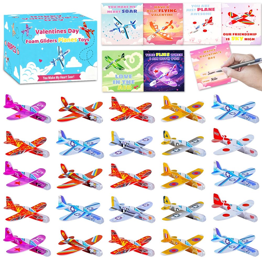 QZHPTBU 48 pcs Valentines Day Cards for Kids School with Foam Airplane Gliders Toys Boys Girls School Classroom Exchange Gifts Party Favors Bulk Treats Prizes Goodie Bag Stuffers