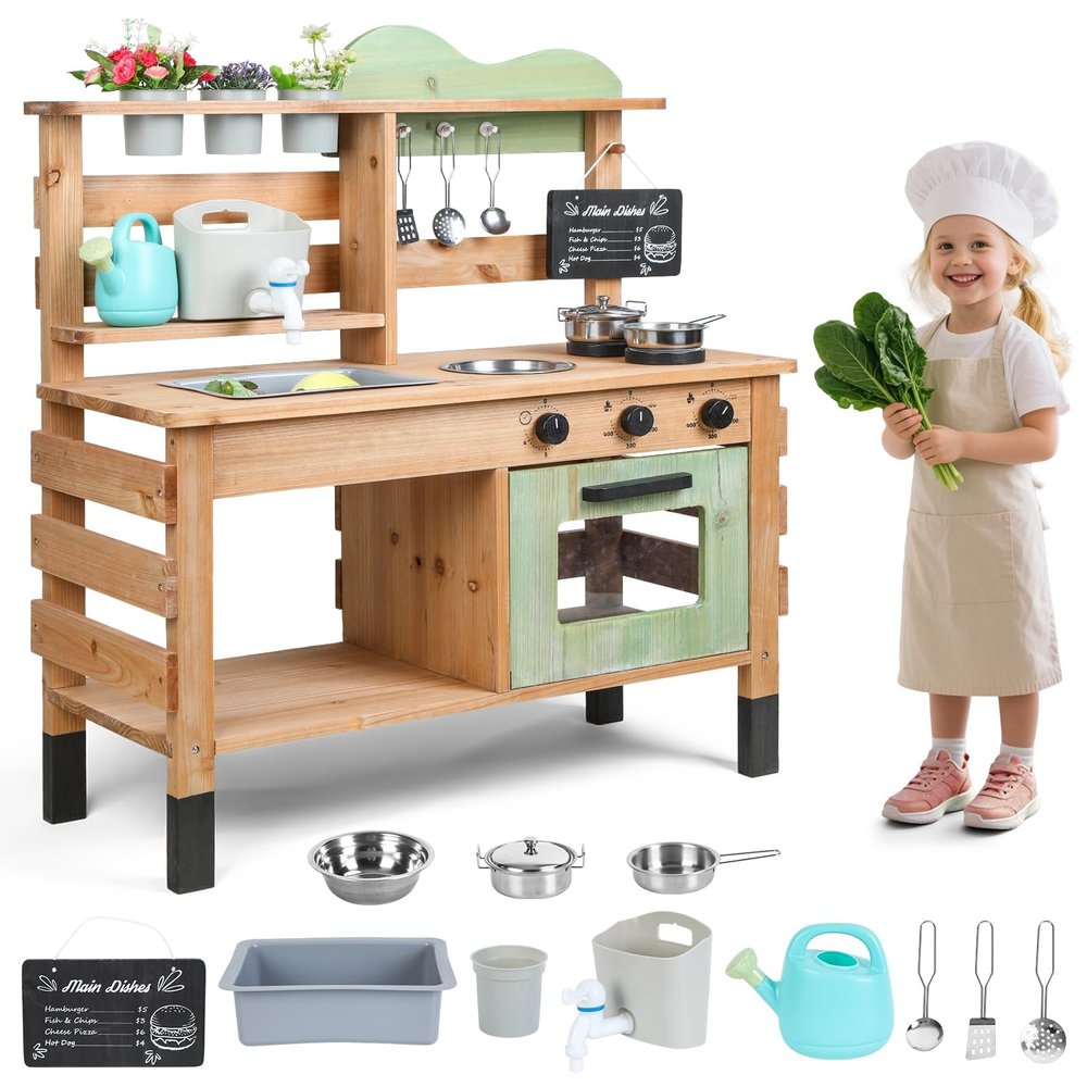 gihusrzx Mud Kitchen for Kids, Outdoor Play Pretend with Stoves, Removable Sink, Faucet, Blackboard, Cooking Accessories, Wooden Kids Faucet Kitchen Playset Backyard Garden Toys Gift Burlywood