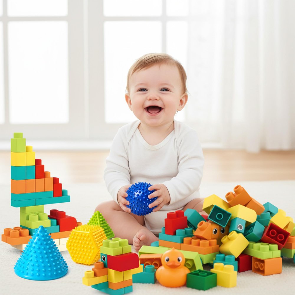 Soft Spiky Sensory Balls & Soft Building Blocks Bundle, Montessori STEM: Textured Shapes for Sensory Development, 42-Piece Rubber Blocks with Storage Bag, for Babies 6-18M & Toddlers 1-3, Easter Gifts