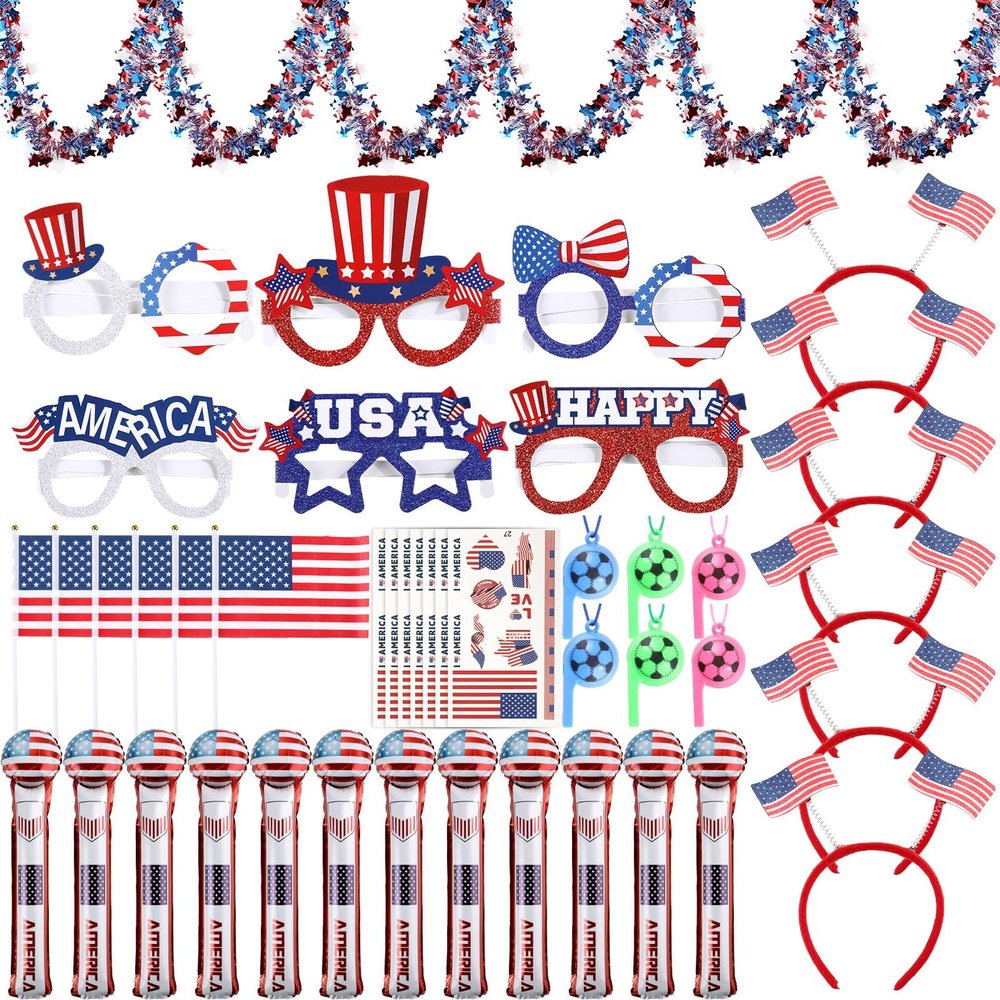 2026 World Soccer Sport Cup Fan Gear Set 2026 Patriotic Soccer Fan Accessories USA National Team Fans Kit Game Day Whistle Flag Tattoo Headband Garland Kit for Football Fans Gift Parades Supplies