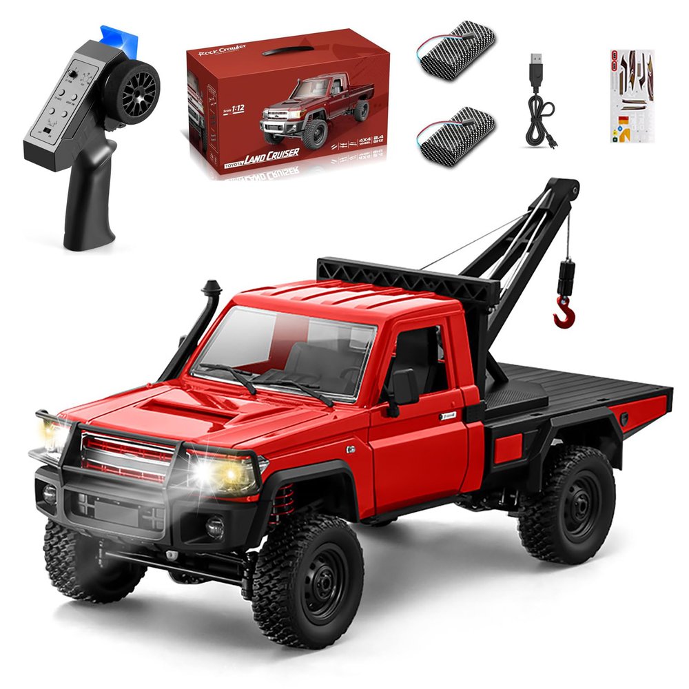 Authticar RC Crawler, 1:12 Scale New Upgrade MN82-T RC Truck Crane, 4WD LC79 Off Road Remote Control Pickup with Lights All Terrain Wrecker Vehicle for Teens Adults (Red)