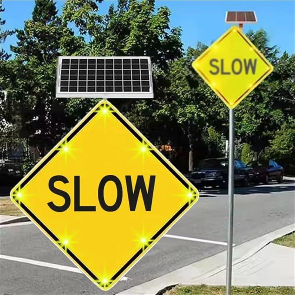 QIUFANGM Solar Powered LED Speed Slow Safety Sign, 24 Inch Road Warning for Driveways, Residential, Streets, Crosswalks, Engineering Grade Reflective Aluminum