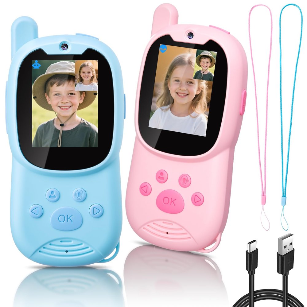 Video Walkie Talkies for Kids, Facetime Walkie Talkies Toys for Age 3-12 Boys Girls, HD Camera & Voice Changer 1000FT Long Range Recharge Kids Valentines Easter Gifts Indoor Outdoor Camp (Blue+Pink)