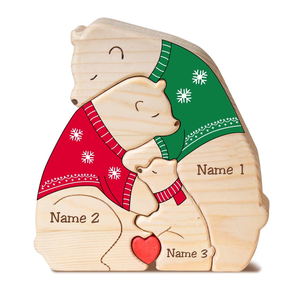 Personalized Wooden Hugging Bears Family Puzzle Custom Mama Bear Puzzle with 2-6 Names Christmas Sweater Bears Puzzles Gifts for Mom Dad House Warming Home Decor