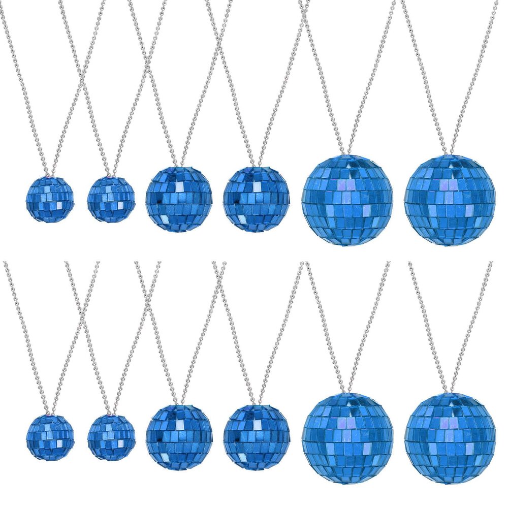 MECCANIXITY Mirror Disco Ball Necklace, 1.2"/1.5"/2" 70s Disco Party Necklaces for Costume Game Dance Supplies Birthday Parties Festival Jewelry Accessories, (Blue, Pack of 12)