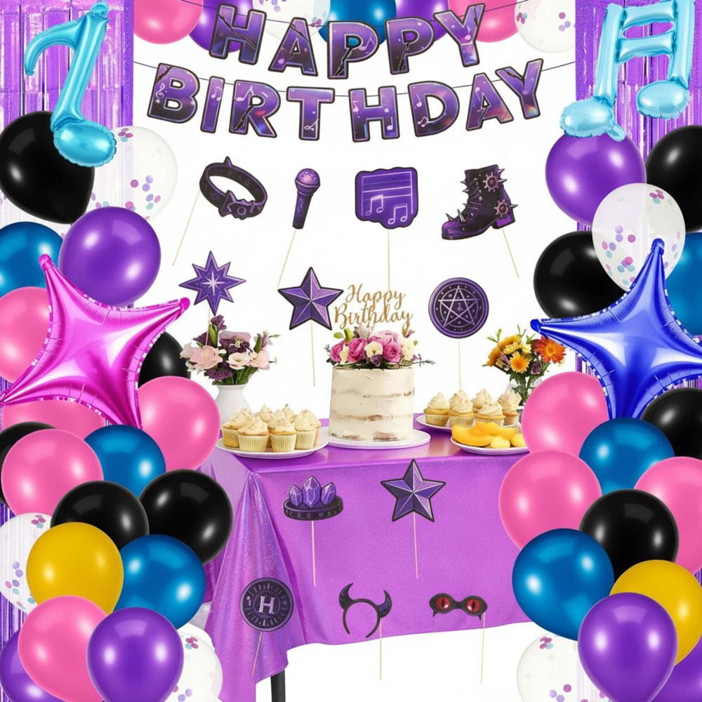 Jenaai 46 Pcs Kpop Birthday Party Supplies Kpop Music Dark Purple Decorations Set Include Banner, Notes Foil Balloons, Tablecloth, Foil Curtains, Fun Photo Props for Boys Girls Prom Party Favors