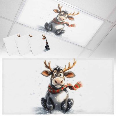 2x4 ft Fluorescent Light Cover for Ceiling Christmas Cartoon Reindeer Shivering on Snow Magnetic Light Filters, Winter Ceiling Lampshades for Home School Office 3Pcs