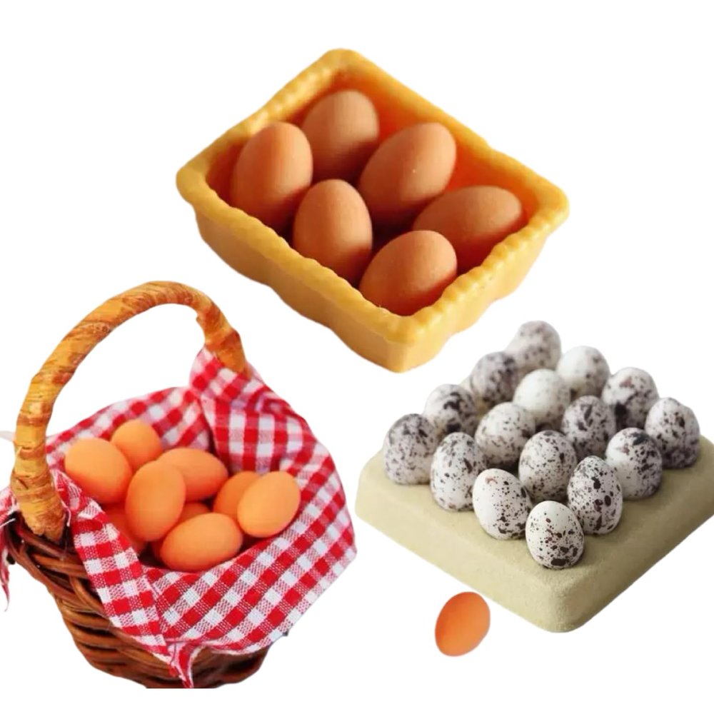 1/12 Dollhouse Accessories Mini Resin Eggs Sets,which Including Quail Eggs with Tray and Bamboo Basket for 1/6 Dollhouse Kitchen and Deoration