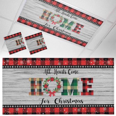 2x4 ft Fluorescent Light Cover for Ceiling Christmas Poinsettia Home Quote Magnetic Light Filters, Red Black Plaid Wooden Ceiling Lampshades for Home School Office 2Pcs