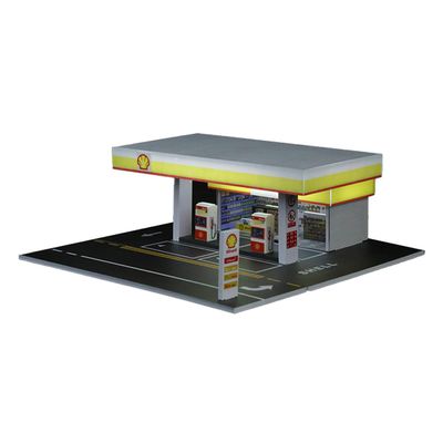 1/64 Shell Gas Station Display Case Gas Station DIY Miniature Model for Adults with LED Effects, Support Customizable and Expandable (Cars & Figures Not Included)