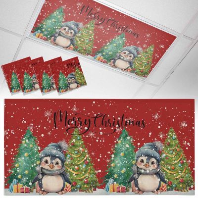 2x4 ft Fluorescent Light Cover for Ceiling Penguins Merry Christmas Tree Magnetic Light Filters, Winter Snowflakes Red Back Ceiling Lampshades for Home School Office 4Pcs