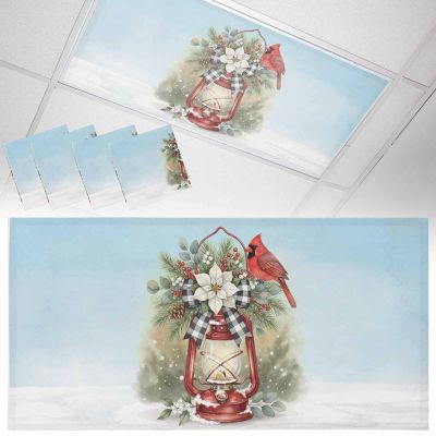 2x4 ft Fluorescent Light Cover for Ceiling Christmas Poinsettia Lamps Magnetic Light Filters, Red Bird Flower on Light Blue Ceiling Lampshades for Home School Office 4Pcs