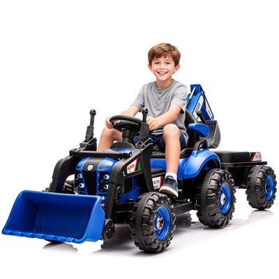 24V Electric Ride-On Tractor with 4-in-1 Attachments Excavator, Dump Truck, Bulldozer, Remote Control, 3-Speed Adjustable, Music & LED Tail Light, Swivel Seat & Detachable Wagon (Blue)