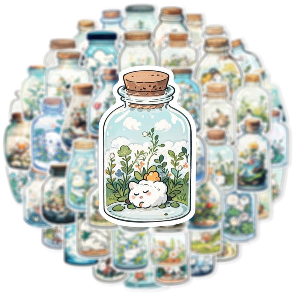 100-Piece Miniature World in a Bottle Sticker Set Drift Bottle Minimalist DIY Journal Decorations Waterproof Stickers