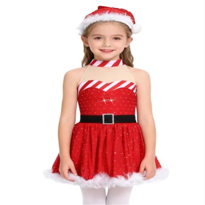 Alvivi Christmas Dance Dress Santa Girls Costume Figure Ice Skating Feather Trims Holiday Party Tutu Dress with Hat Red 4 Years
