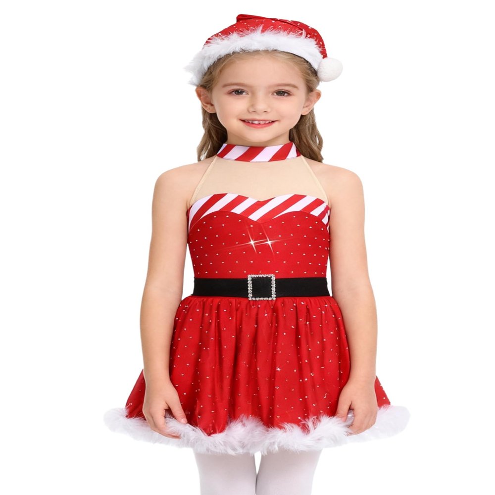 Alvivi Christmas Dance Dress Santa Girls Costume Figure Ice Skating Feather Trims Holiday Party Tutu Dress with Hat Red 4 Years