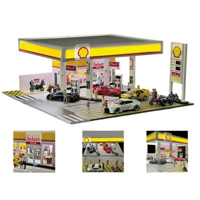 1/64 Shell Gas Station Display Case Gas Station DIY Miniature Model for Adults with LED Effects, Support Customizable and Expandable (1 Cars & 1 Figure Included)