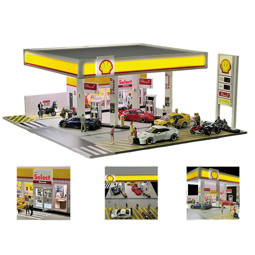 1/64 Shell Gas Station Display Case Gas Station DIY Miniature Model for Adults with LED Effects, Support Customizable and Expandable (1 Cars & 1 Figure Included)