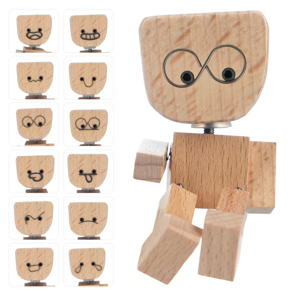 Foleto Shaking Feet Wooden Doll for Car Dashboard - 3 inch Solid Wood Figurine with 12 Magnetic Expressions, Spring Leg Mechanism Moves with Vibration, Handmade Desk Decor for Home Office