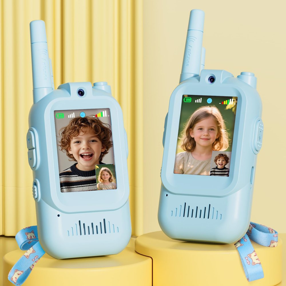 Walkie Talkie for Kids with Video: 2 Pack Rechargeable Toddler Toys with HD Camera & Voice Changer, Long Range Gift Toys for Boy & Girl Age 3-8 for Outdoor Play, Camping (Blue-Blue)