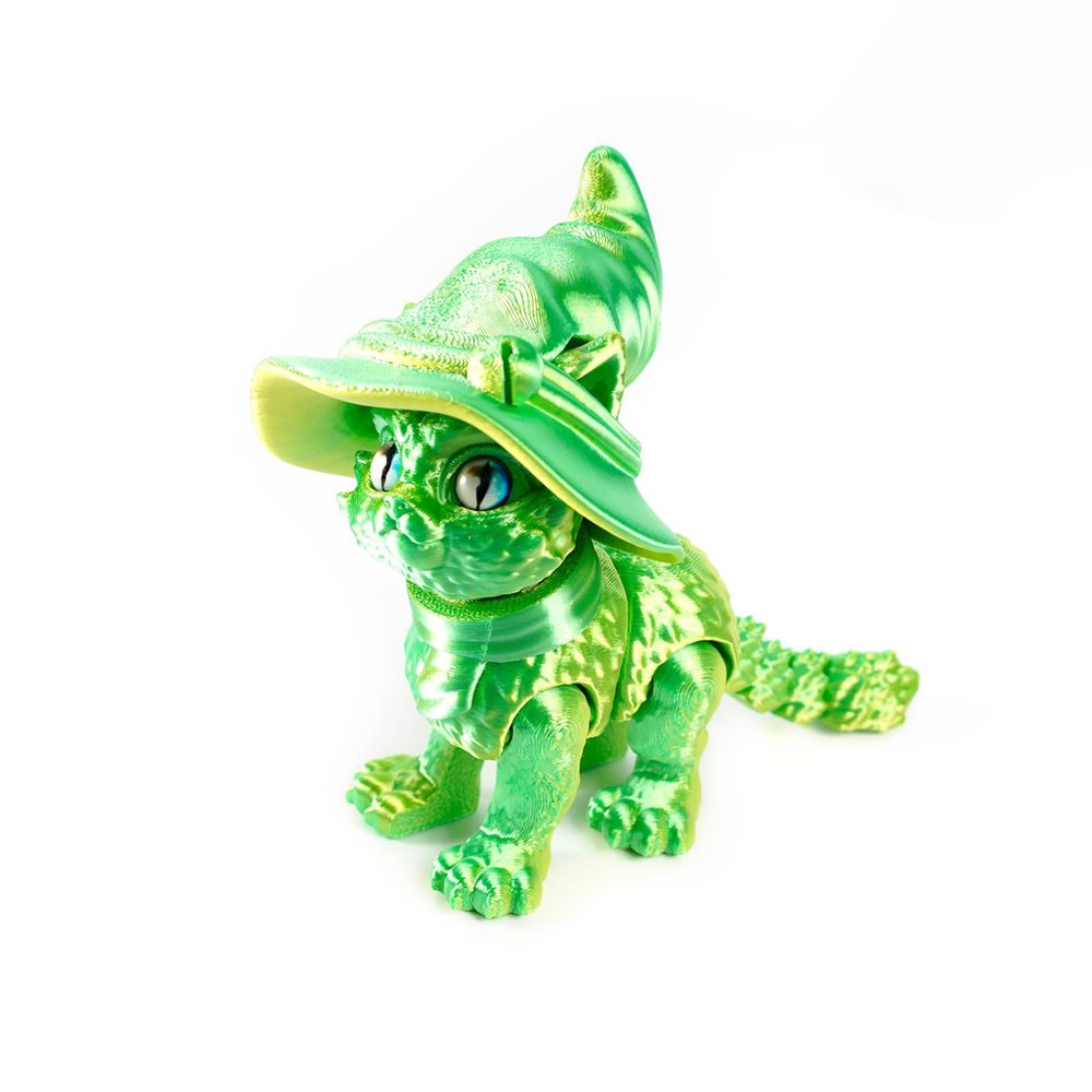 3 d Printed Animals 3-d Printed Toys Magical Wizard Cat Flexible Movable Joints with Removable Hat for Home Office Decompression Decor Executive Desk Toys-Dream Green