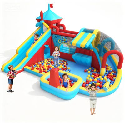 Inflatable Bounce House with Double Slides, 10 in 1 Bouncy House with 750W Blower, Toy Stand, Splash Pool, Climbing Wall, Jumping, Water Cannon, Basketball, Deep Pool for Kids Indoor Outdoor (Blue)
