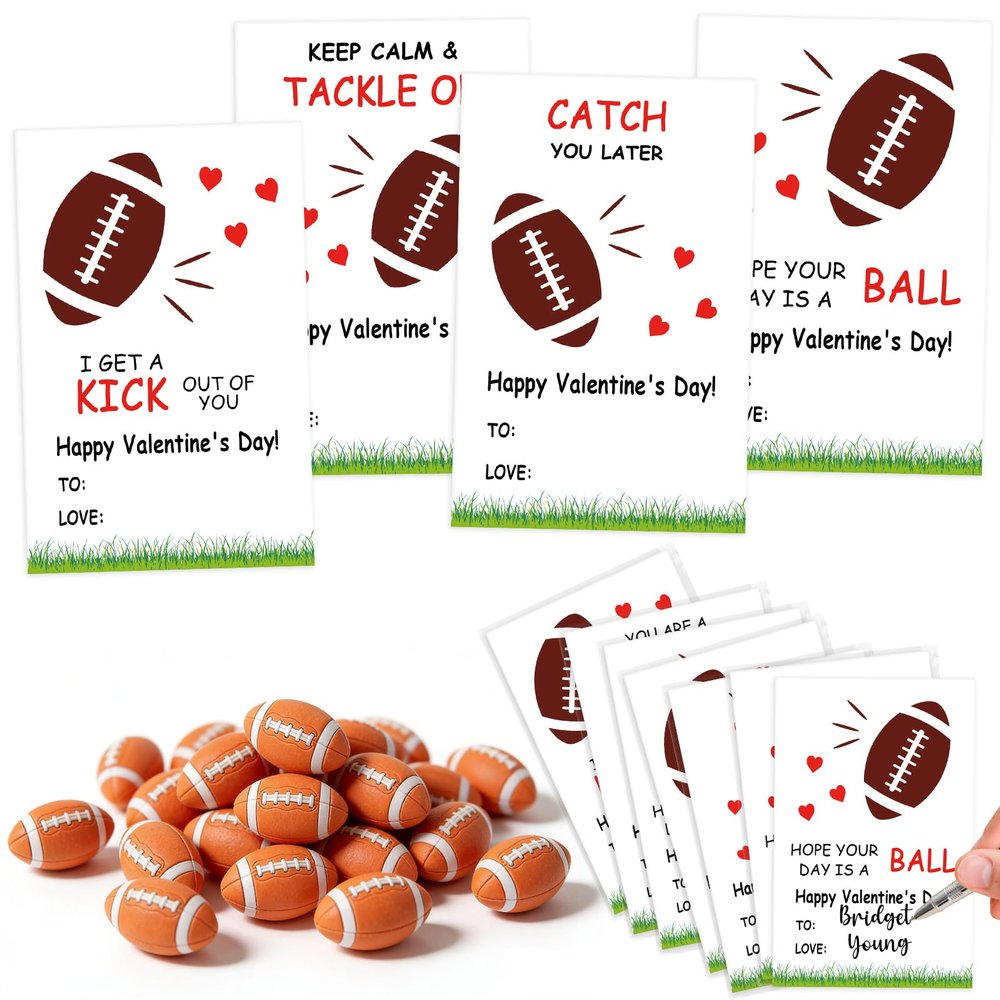 24 Set Sports Valentines Day Cards and Erasers for Kids, Football Valentines Day Cards and Erasers Bulk Gifts for Kids School, Classroom Exchange, Party Favors for Boys (Football Cards and Erasers)