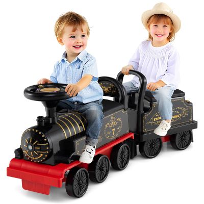 Costzon 2-Seater Ride on Train with Carriage, 6V Ride on Toy w/Under-Seat Storage, Footrests, Train Whistle, Music & Colorful Flashing LED Lights, Electric Car for Kids Aged 18+ (2 Seaters, Black)