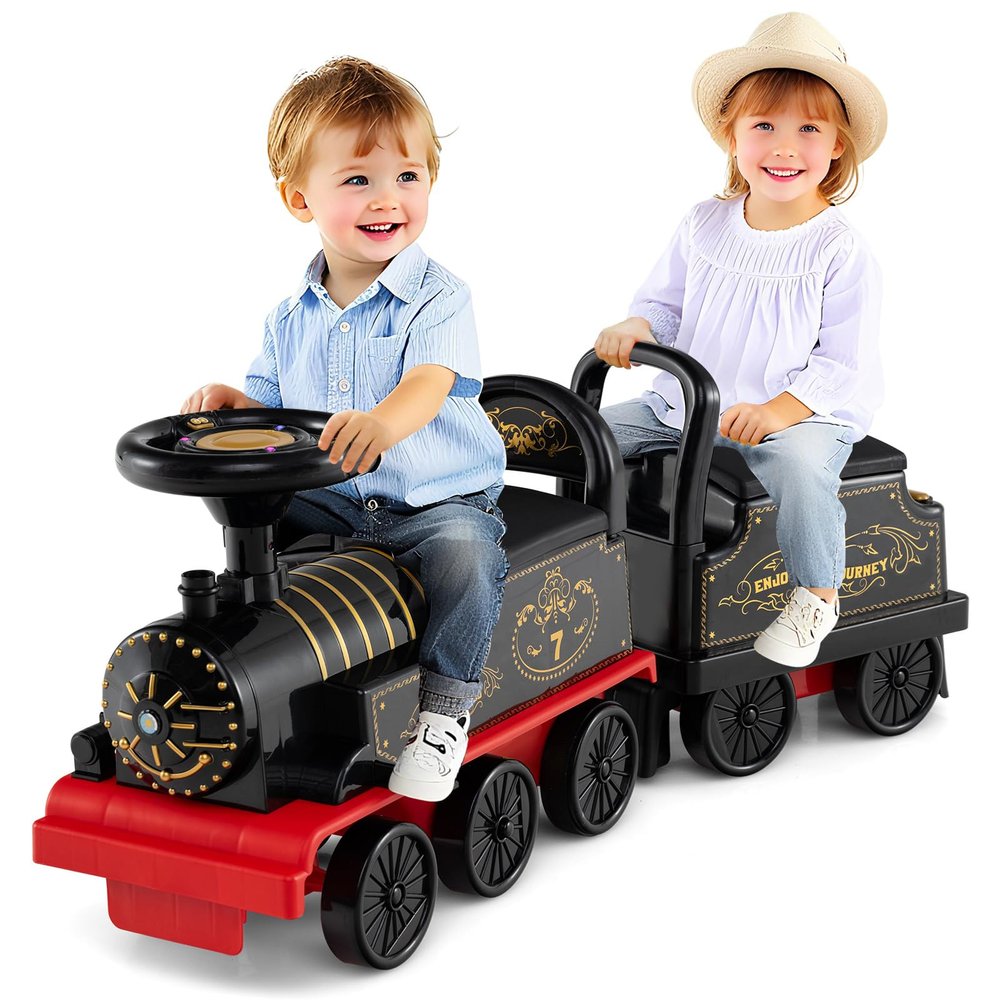 Costzon 2-Seater Ride on Train with Carriage, 6V Ride on Toy w/Under-Seat Storage, Footrests, Train Whistle, Music & Colorful Flashing LED Lights, Electric Car for Kids Aged 18+ (2 Seaters, Black)