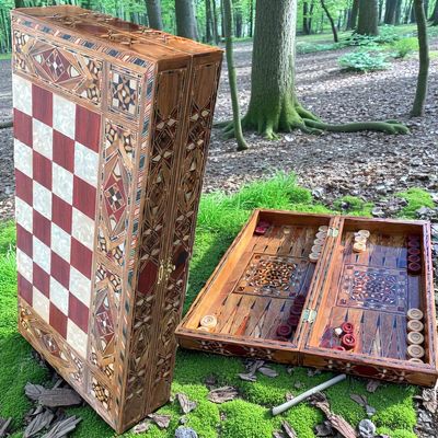 13.8" Handmade 2-in-1 Wooden Backgammon & Chess Set  Solid Inlaid Game Board for Men and Collectors