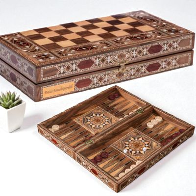 13.8" Luxury Backgammon and Chess Set  Handmade Wooden Inlaid Game Board 3 in 1 for Men, Dad, and Husband