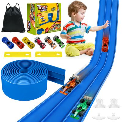 3-Lane Flexible Race Track for Kids - 20FT Flex Race Car Ramp Track with Strong Suction Cups, Rolls Up Portable DIY Racetrack Compatible with Hot Wheels & Diecast 1/64th Cars