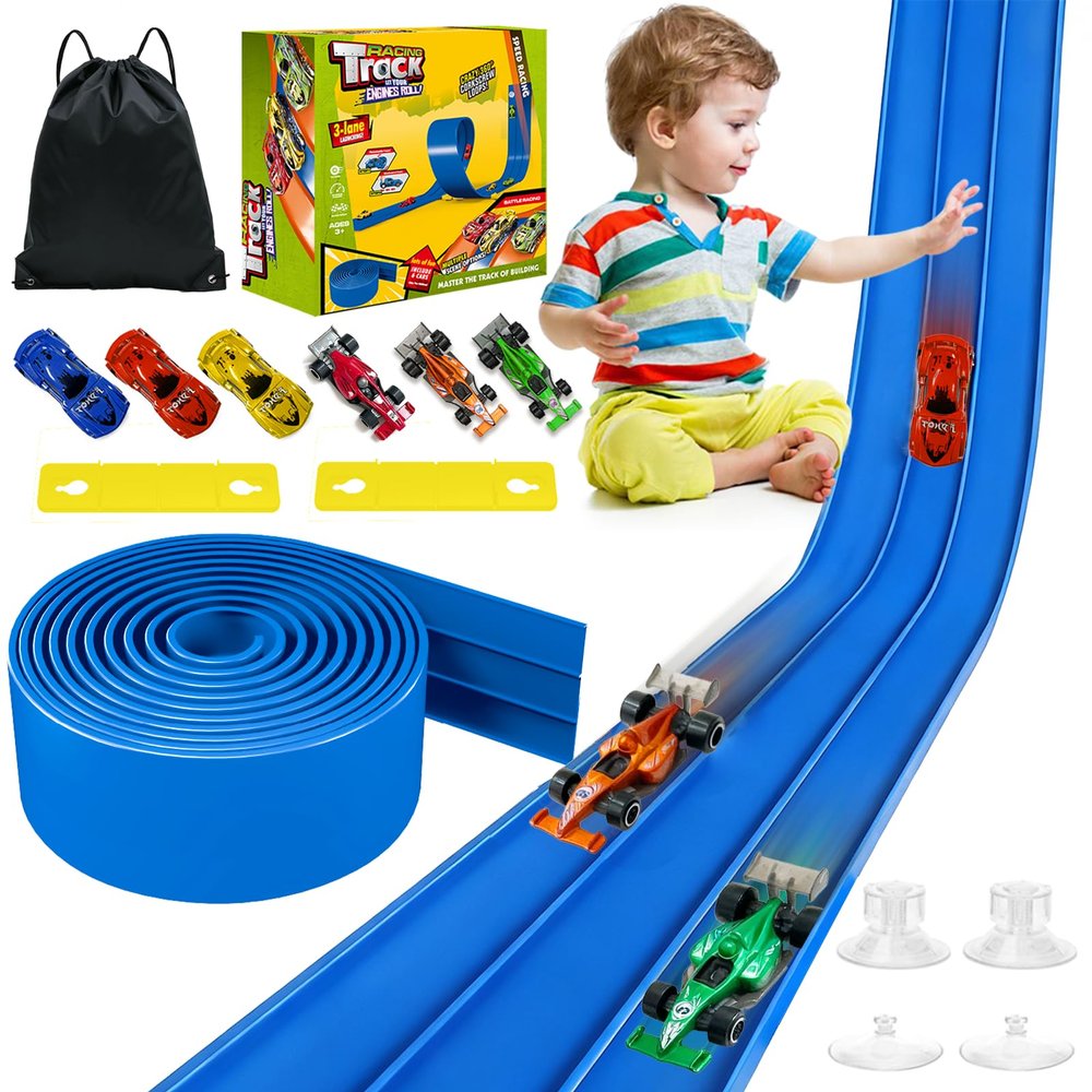 3-Lane Flexible Race Track for Kids - 20FT Flex Race Car Ramp Track with Strong Suction Cups, Rolls Up Portable DIY Racetrack Compatible with Hot Wheels & Diecast 1/64th Cars