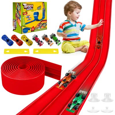 3-Lane Flexible Race Track for Kids - 20FT Flex Race Car Ramp Track with Strong Suction Cups, Rolls Up Portable DIY Racetrack Compatible with Hot Wheels & Diecast 1/64th Cars
