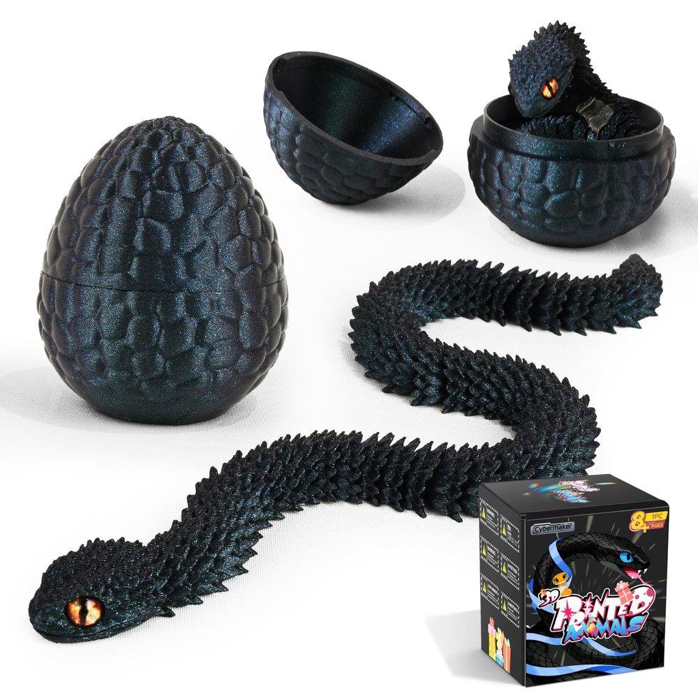 3D Printed Snake Toys with Snake Eggs, Nebula Black Edition Articulated Flexible Snakes, 3D Printed Animals for Desk Decor, Fidget Toys for Teens & Adults, Collector Gift Pack